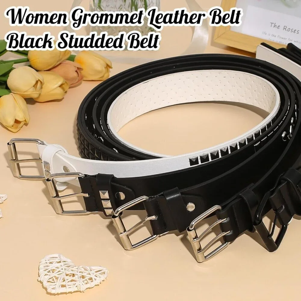 Unisex Punk Studded Belt Faux Leather Pyramid Rivet Adjustable 27-40 in - Picture 5 of 6